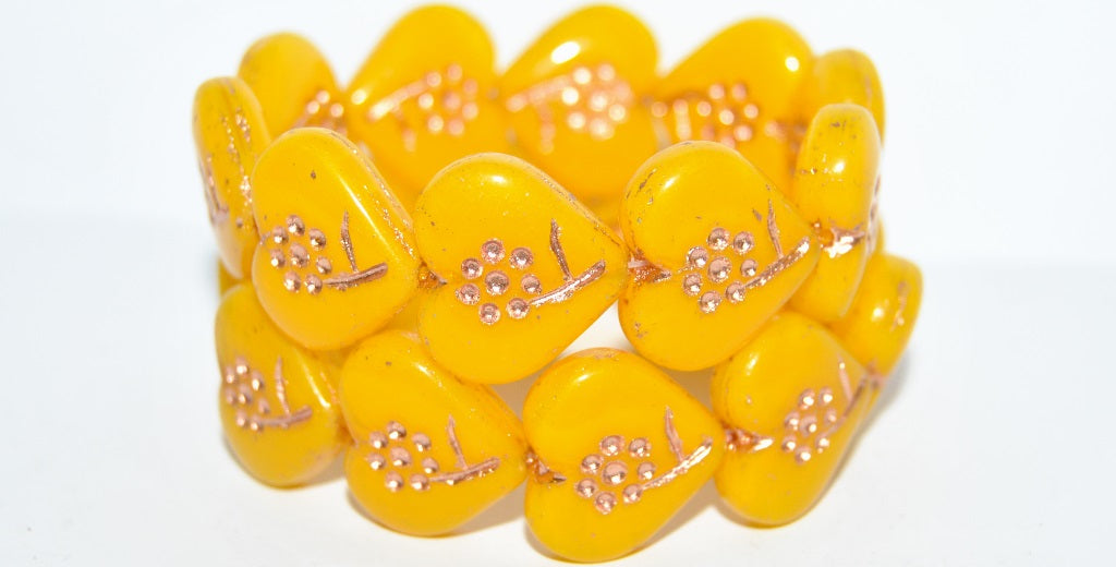 Heart With Simple Flower Pressed Glass Beads, Opal Yellow 54200 (81210 54200), Glass, Czech Republic