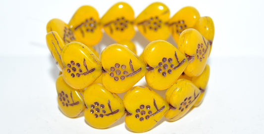 Heart With Simple Flower Pressed Glass Beads, Opal Yellow 46410 (81210 46410), Glass, Czech Republic