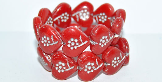Heart With Simple Flower Pressed Glass Beads, Opal Red 54201 (91250 54201), Glass, Czech Republic