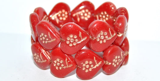 Heart With Simple Flower Pressed Glass Beads, Opal Red 54200 (91250 54200), Glass, Czech Republic