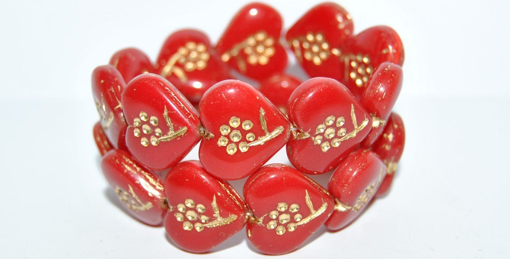 Heart With Simple Flower Pressed Glass Beads, Opal Red 54202 (91250 54202), Glass, Czech Republic