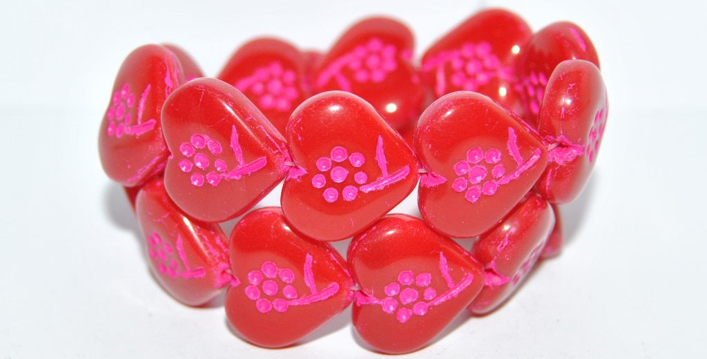 Heart With Simple Flower Pressed Glass Beads, Opal Red 46470 (91250 46470), Glass, Czech Republic