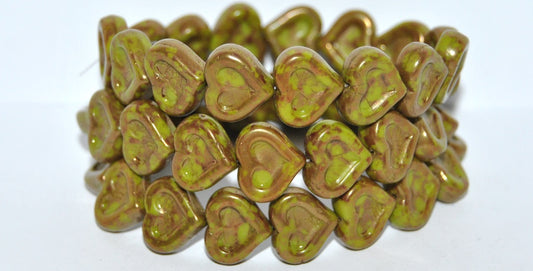 Heart With Heart Pressed Glass Beads, Opaque Green Terracotta Red (53400-15495), Glass, Czech Republic