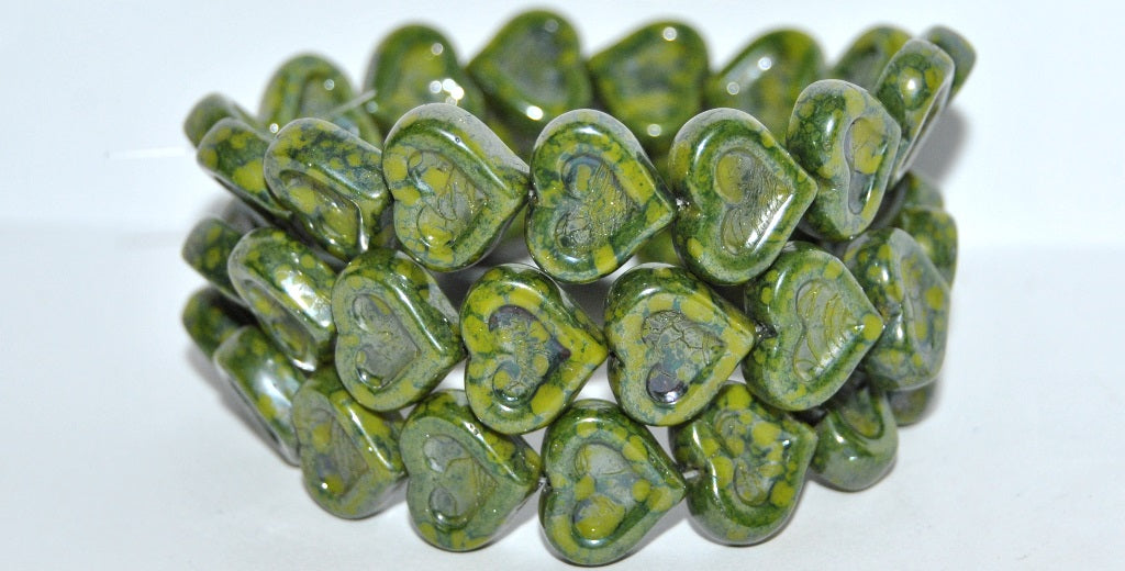 Heart With Heart Pressed Glass Beads, Opaque Green Terracotta Blue (53400-15464), Glass, Czech Republic