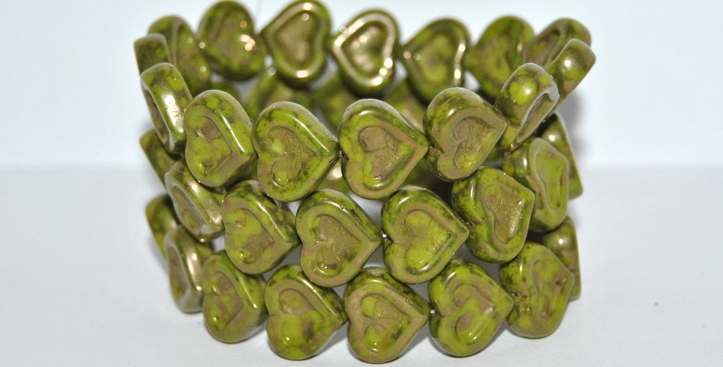 Heart With Heart Pressed Glass Beads, Opaque Green Terracotta Copper (53400-15435), Glass, Czech Republic