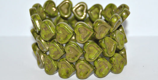 Heart With Heart Pressed Glass Beads, Opaque Green Terracotta Copper (53400-15435), Glass, Czech Republic