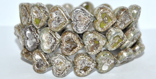 Heart With Heart Pressed Glass Beads, Opaque Green Terracotta Silver Antiq Silver (53400-15481-ANTIQ-SILVER), Glass, Czech Republic
