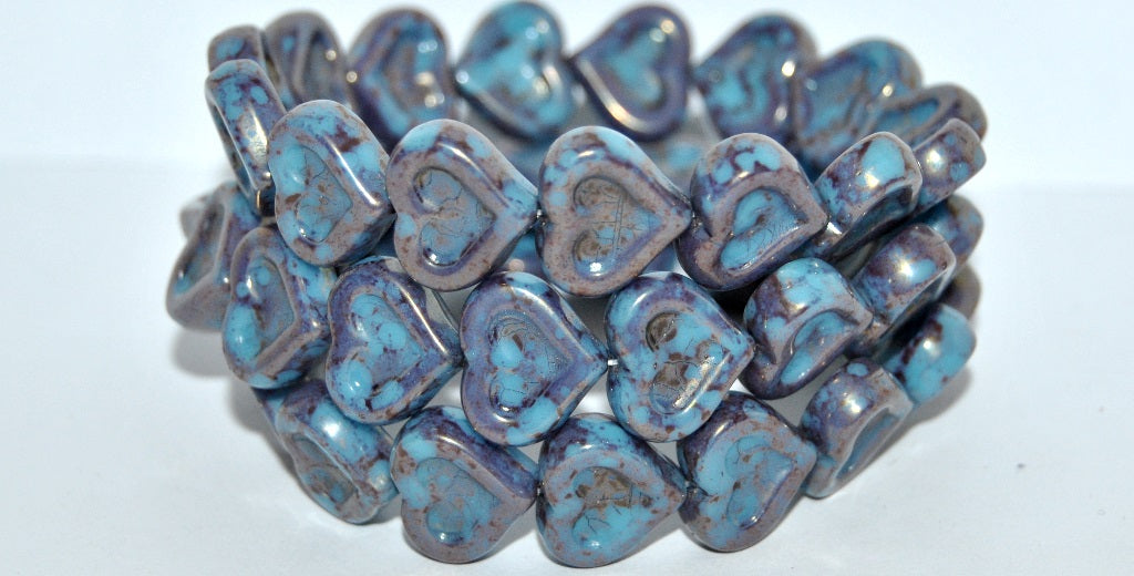 Heart With Heart Pressed Glass Beads, Turquoise Blue Terracotta Red (63030-15495), Glass, Czech Republic