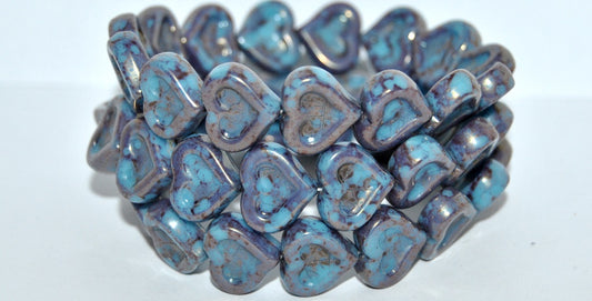 Heart With Heart Pressed Glass Beads, Turquoise Blue Terracotta Red (63030-15495), Glass, Czech Republic