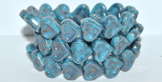 Heart With Heart Pressed Glass Beads, Turquoise Blue Terracotta Copper (63030-15435), Glass, Czech Republic