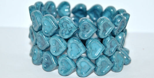 Heart With Heart Pressed Glass Beads, Turquoise Blue Terracotta Blue (63030-15464), Glass, Czech Republic