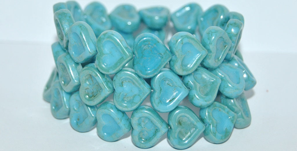 Heart With Heart Pressed Glass Beads, Turquoise Blue Terracotta Green (63030-15457), Glass, Czech Republic