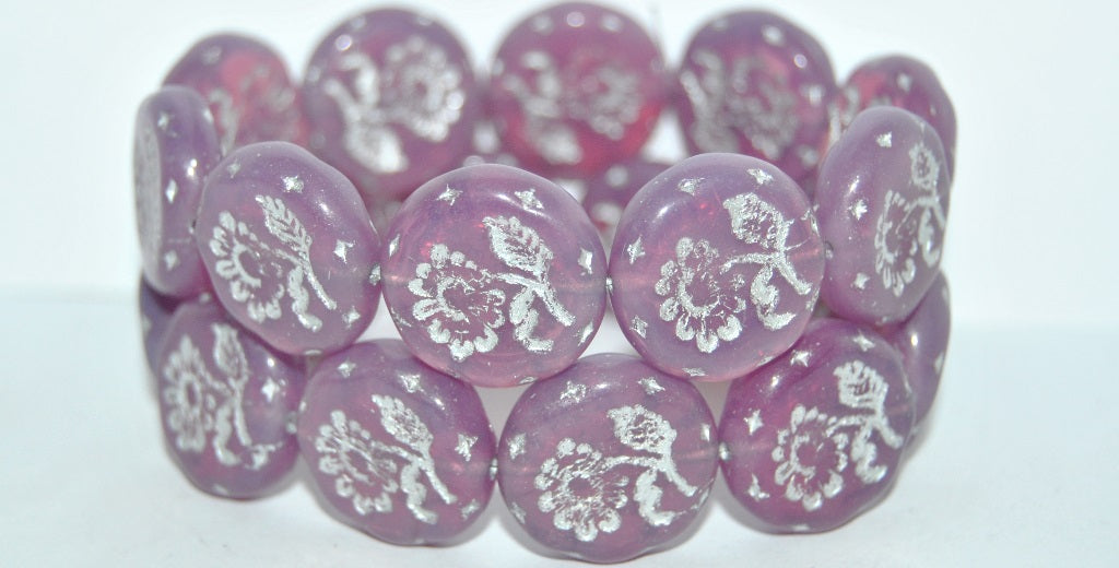 Round Flat With Flower Marguerite Pressed Glass Beads, Opal Pink 54201B (71010-54201B), Glass, Czech Republic