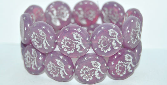 Round Flat With Flower Marguerite Pressed Glass Beads, Opal Pink 54201B (71010-54201B), Glass, Czech Republic