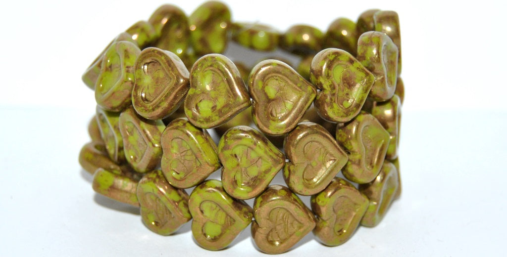 Heart With Heart Pressed Glass Beads, Opaque Green Terracotta Violet (53400-15496), Glass, Czech Republic