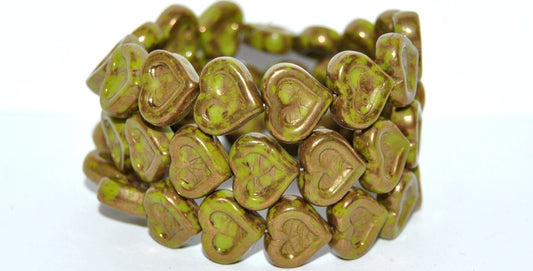 Heart With Heart Pressed Glass Beads, Opaque Green Terracotta Violet (53400-15496), Glass, Czech Republic