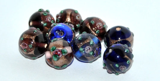 Czech Glass Hand Made Round Lampwork Beads With Flower, (I), Glass, Czech Republic