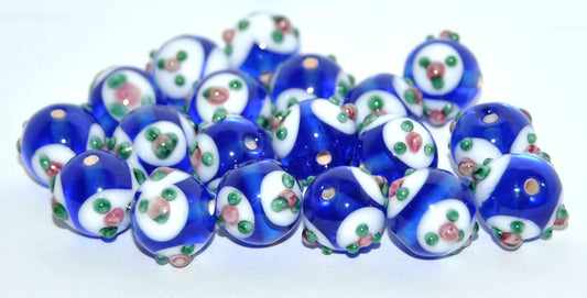 Czech Glass Hand Made Round Lampwork Beads With Flower, (J), Glass, Czech Republic
