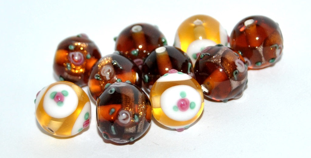 Czech Glass Hand Made Round Lampwork Beads With Flower, (K), Glass, Czech Republic