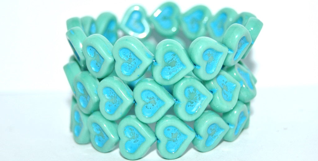 Heart With Heart Pressed Glass Beads, Turquoise 46460 (63130 46460), Glass, Czech Republic
