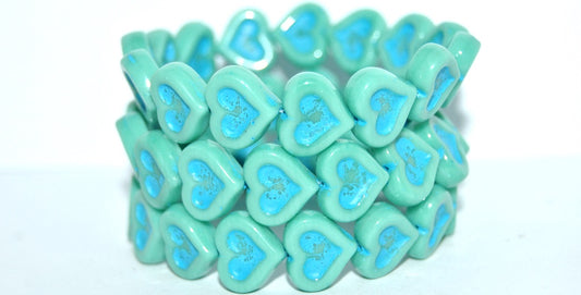 Heart With Heart Pressed Glass Beads, Turquoise 46460 (63130 46460), Glass, Czech Republic
