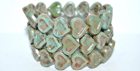 Heart With Heart Pressed Glass Beads, Turquoise Blue 43400 (63030 43400), Glass, Czech Republic