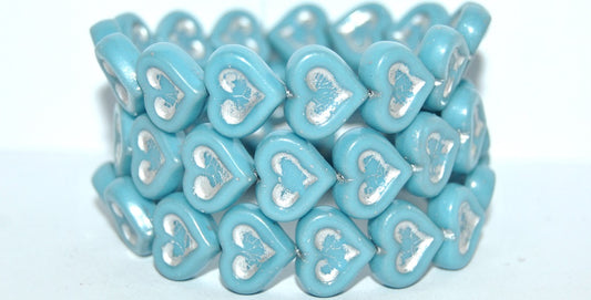 Heart With Heart Pressed Glass Beads, Turquoise Blue 54201 (63030 54201), Glass, Czech Republic