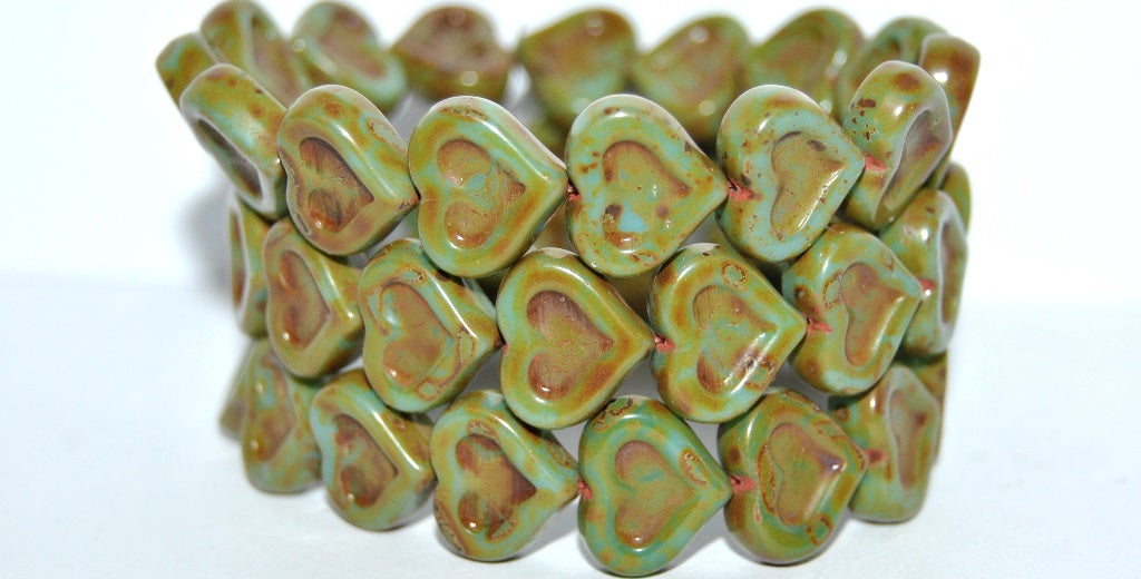 Heart With Heart Pressed Glass Beads, Turquoise Blue Travertin (63030 86800), Glass, Czech Republic