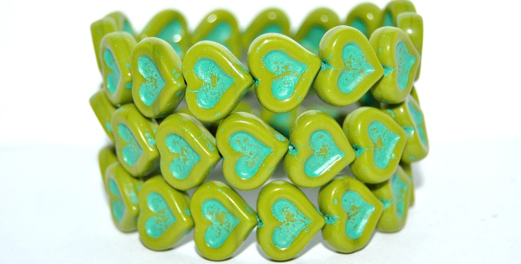 Heart With Heart Pressed Glass Beads, Opaque Green 46450 (53400 46450), Glass, Czech Republic
