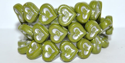 Heart With Heart Pressed Glass Beads, Opaque Green 54201 (53400 54201), Glass, Czech Republic