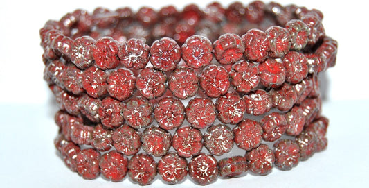 Hawaii Flower Pressed Glass Beads, Opaque Red 14481 Atq Silver (93200 14481 Atq Silver), Glass, Czech Republic