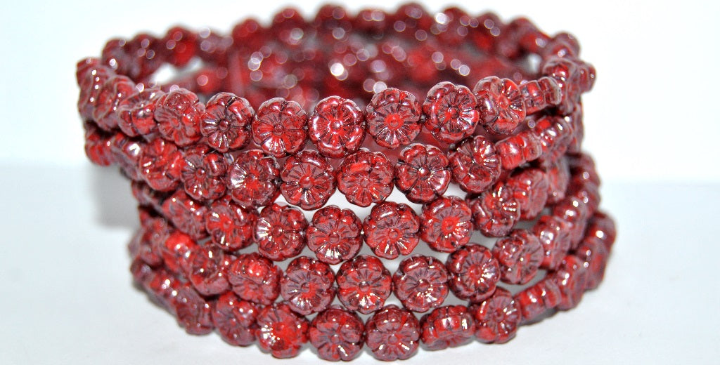 Hawaii Flower Pressed Glass Beads, Opaque Red Terracotta Red (93200 15495), Glass, Czech Republic