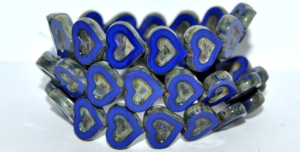 Table Cut Heart Beads With Heart, Opaque Blue 43400 (33070 43400), Glass, Czech Republic