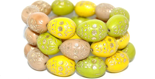Oval Egg With Decor Pressed Glass Beads, Yellow Mixed Colors 54202 (Yellow Mix 54202), Glass, Czech Republic