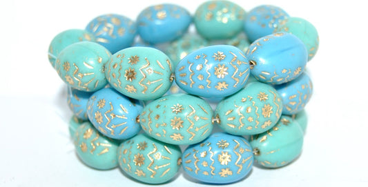 Oval Egg With Decor Pressed Glass Beads, Blue Mixed Colors 54202 (Blue Mix 54202), Glass, Czech Republic