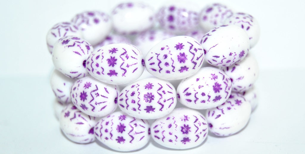 Oval Egg With Decor Pressed Glass Beads, White 46420 (2010 46420), Glass, Czech Republic