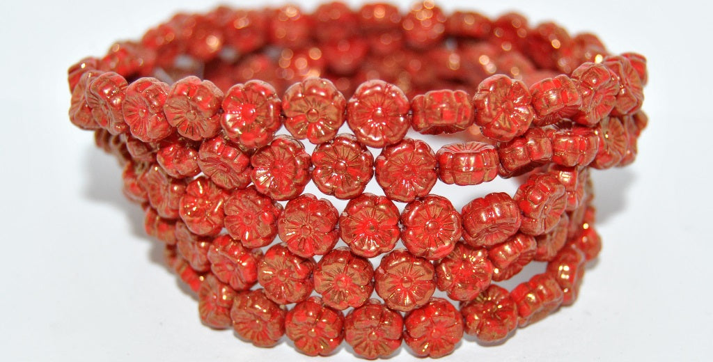 Hawaii Flower Pressed Glass Beads, Red 15415 (93190 15415), Glass, Czech Republic