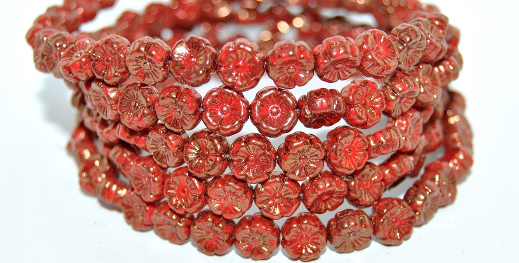 Hawaii Flower Pressed Glass Beads, Opaque Red 15415 (93200 15415), Glass, Czech Republic