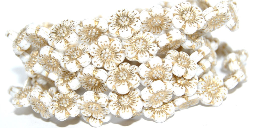 Flower Pressed Glass Beads, White Gold Lined (02010-54202), Glass, Czech Republic