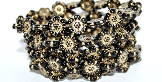 Flower Pressed Glass Beads, Black 54202 (23980 54202), Glass, Czech Republic