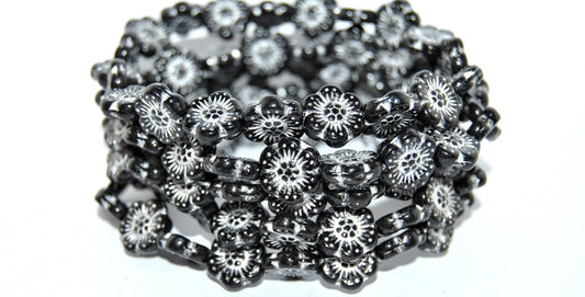 Flower Pressed Glass Beads, Black 54201 (23980 54201), Glass, Czech Republic
