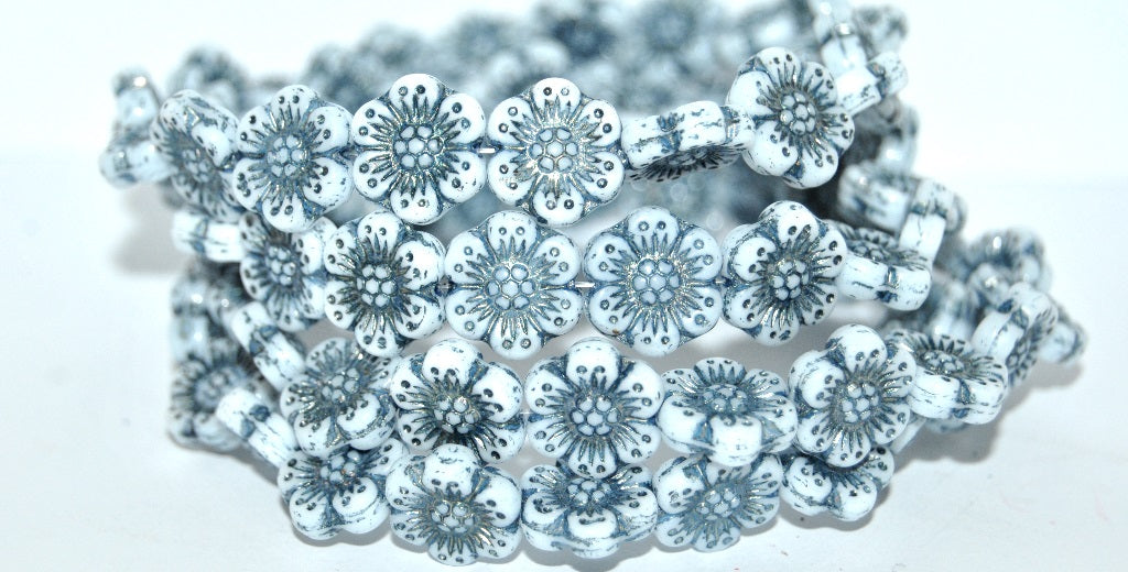 Flower Pressed Glass Beads, White 43812 (2010 43812), Glass, Czech Republic