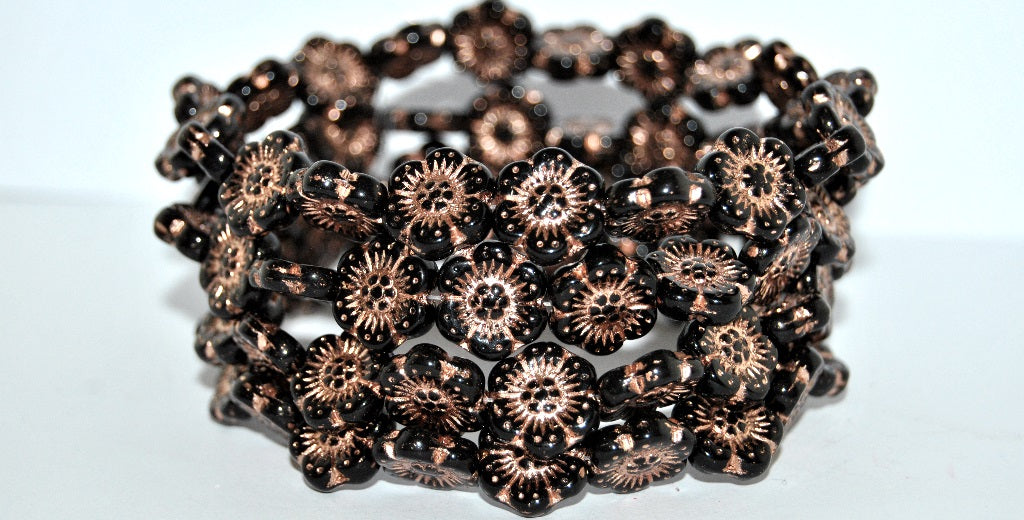 Flower Pressed Glass Beads, Black 54200 (23980 54200), Glass, Czech Republic