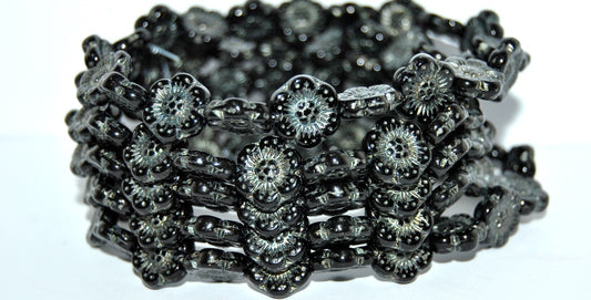 Flower Pressed Glass Beads, Black 43814B (23980 43814B), Glass, Czech Republic
