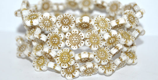 Flower Pressed Glass Beads, White 54580 (02010-54580), Glass, Czech Republic