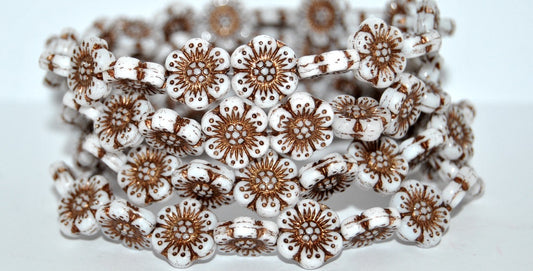 Flower Pressed Glass Beads, White 46415 (02010-46415), Glass, Czech Republic