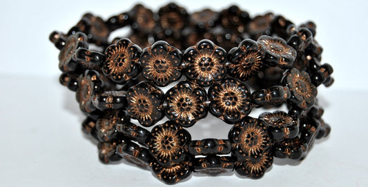 Flower Pressed Glass Beads, Black 43804 (23980 43804), Glass, Czech Republic
