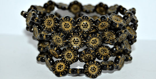 Flower Pressed Glass Beads, Black 43803 (23980 43803), Glass, Czech Republic