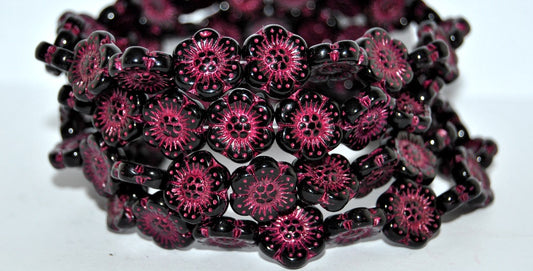 Flower Pressed Glass Beads, Black 43807 (23980 43807), Glass, Czech Republic
