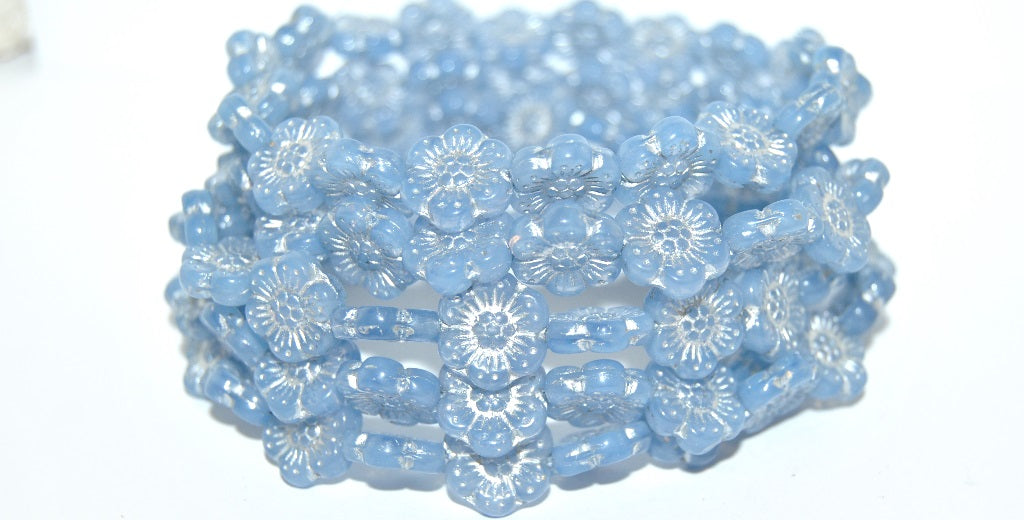 Flower Pressed Glass Beads, Opal Blue 54201 (31000 54201), Glass, Czech Republic